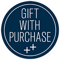 Navy circular logo with text that reads free gift with purchase